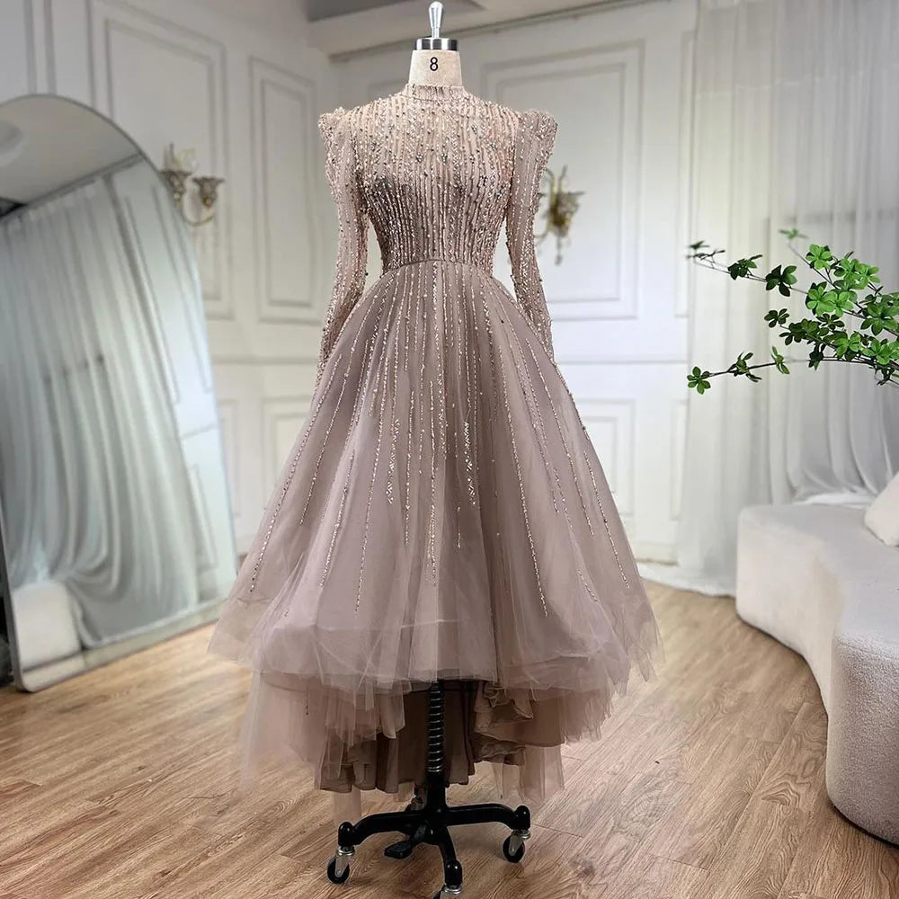 Muslim A-Line Luxury Pearls Beaded Nude Midi Ankle Length Evening Dresses Gowns Formal Woman Wedding Party LA72176