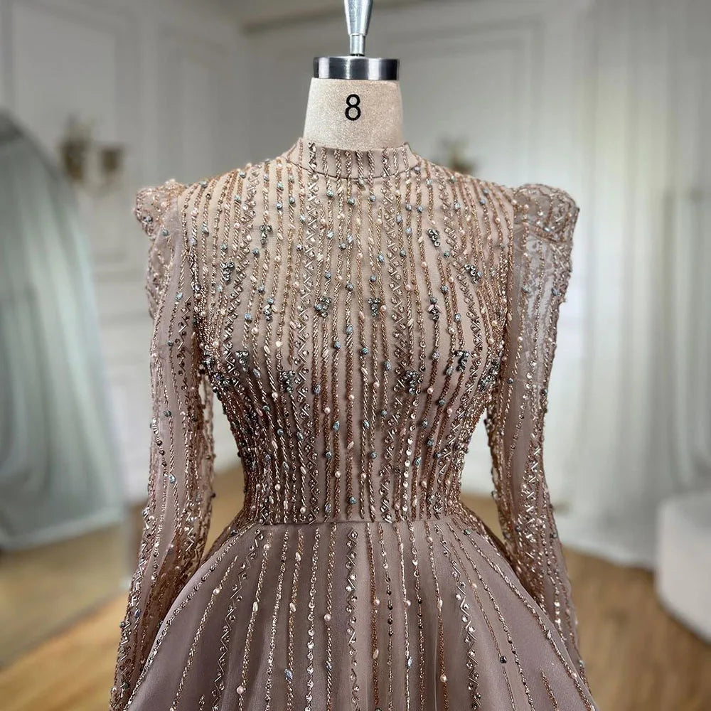 Muslim A-Line Luxury Pearls Beaded Nude Midi Ankle Length Evening Dresses Gowns Formal Woman Wedding Party LA72176