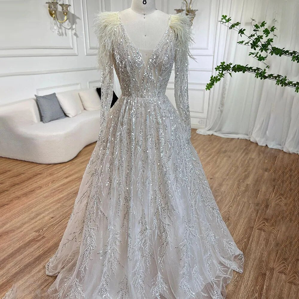 Muslim Beige A Line Beaded Feathers Luxury Dubai Long Evening Dresses Gowns 2025 For Women Wedding Party LA72172