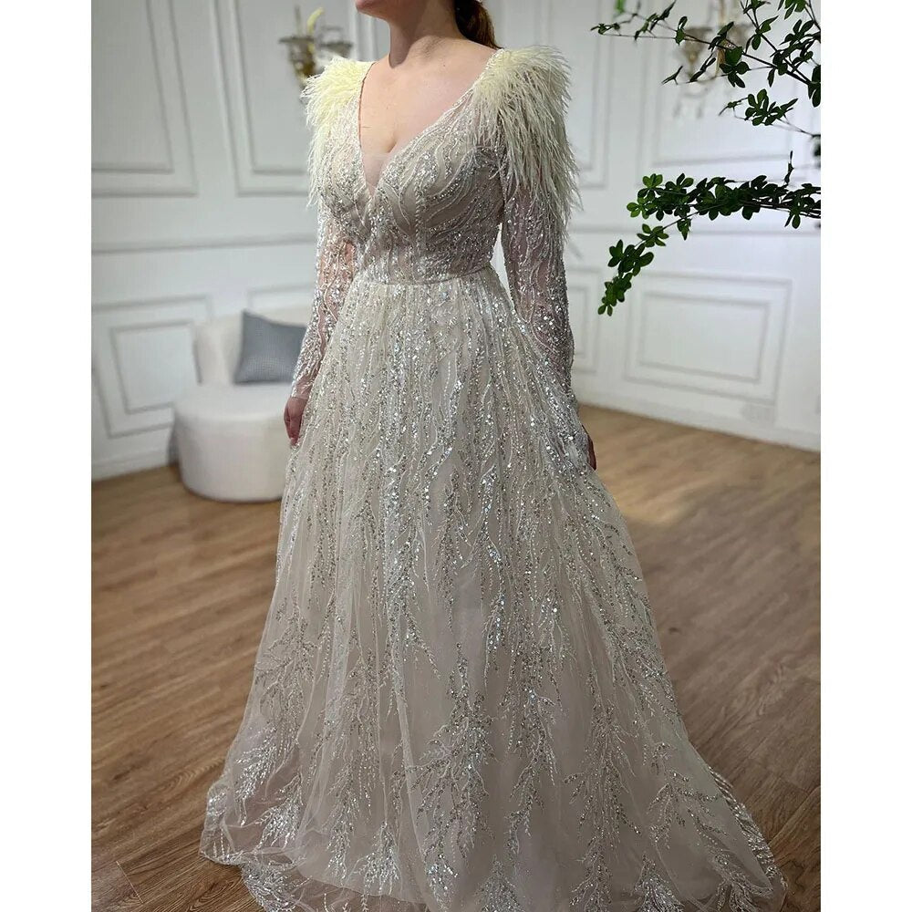 Muslim Beige A Line Beaded Feathers Luxury Dubai Long Evening Dresses Gowns 2025 For Women Wedding Party LA72172