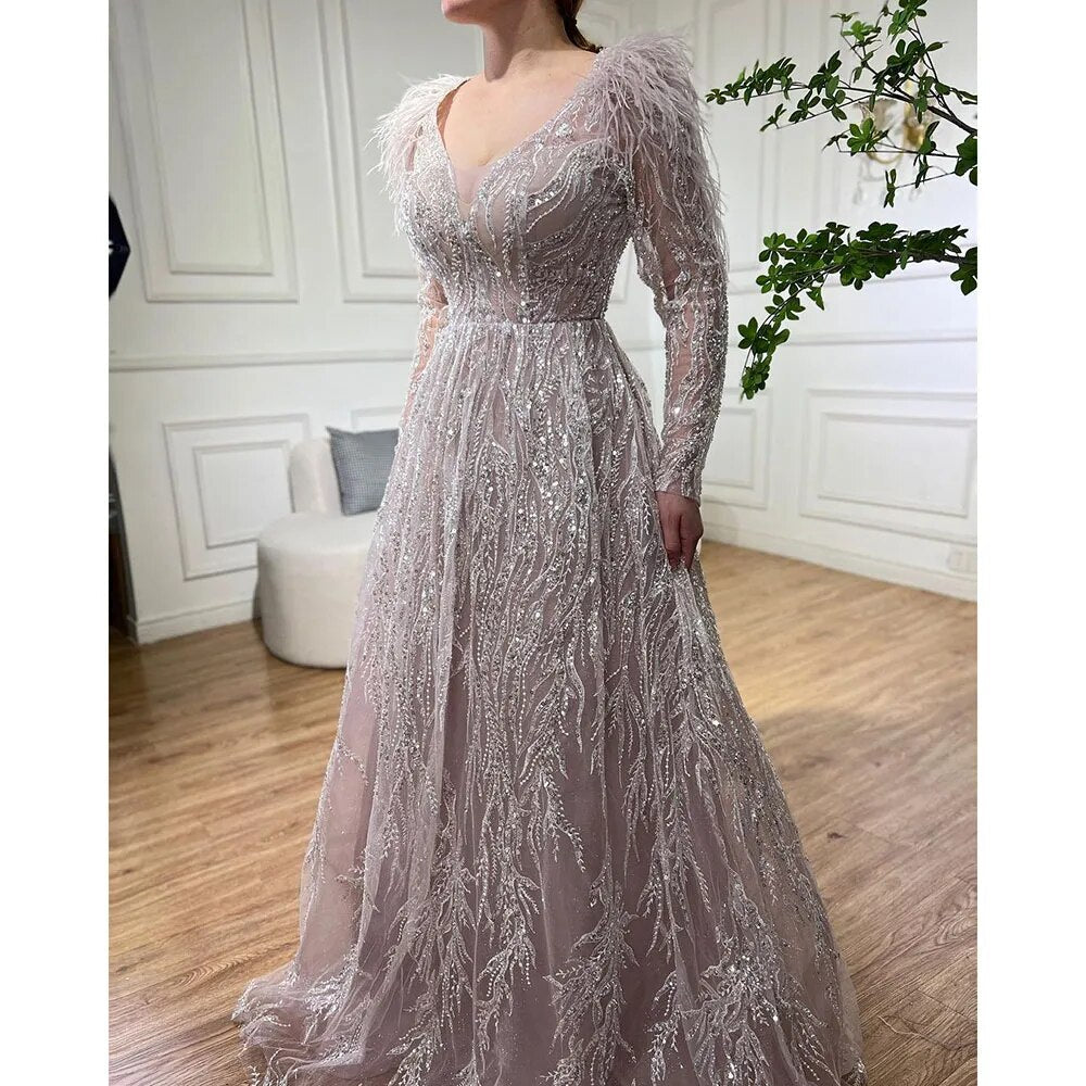Muslim Beige A Line Beaded Feathers Luxury Dubai Long Evening Dresses Gowns 2025 For Women Wedding Party LA72172