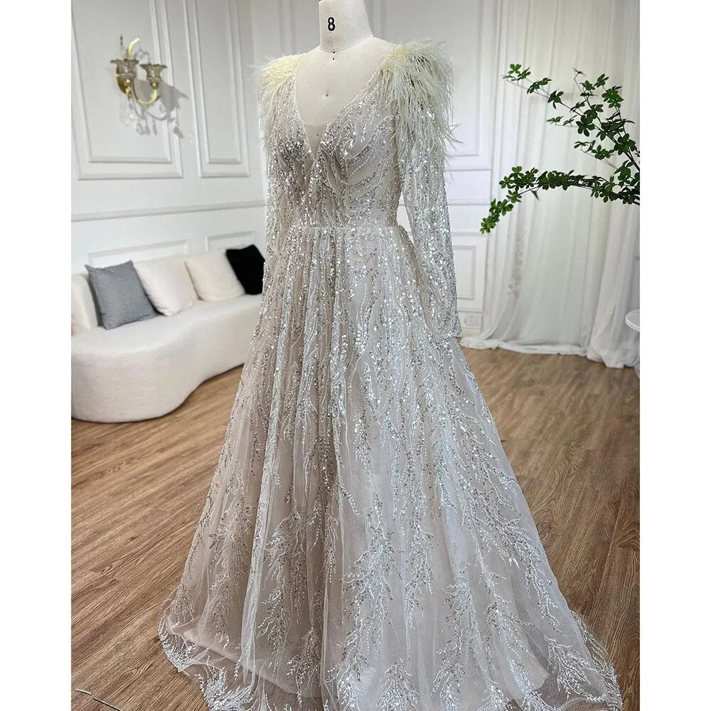 Muslim Beige A Line Beaded Feathers Luxury Dubai Long Evening Dresses Gowns 2025 For Women Wedding Party LA72172