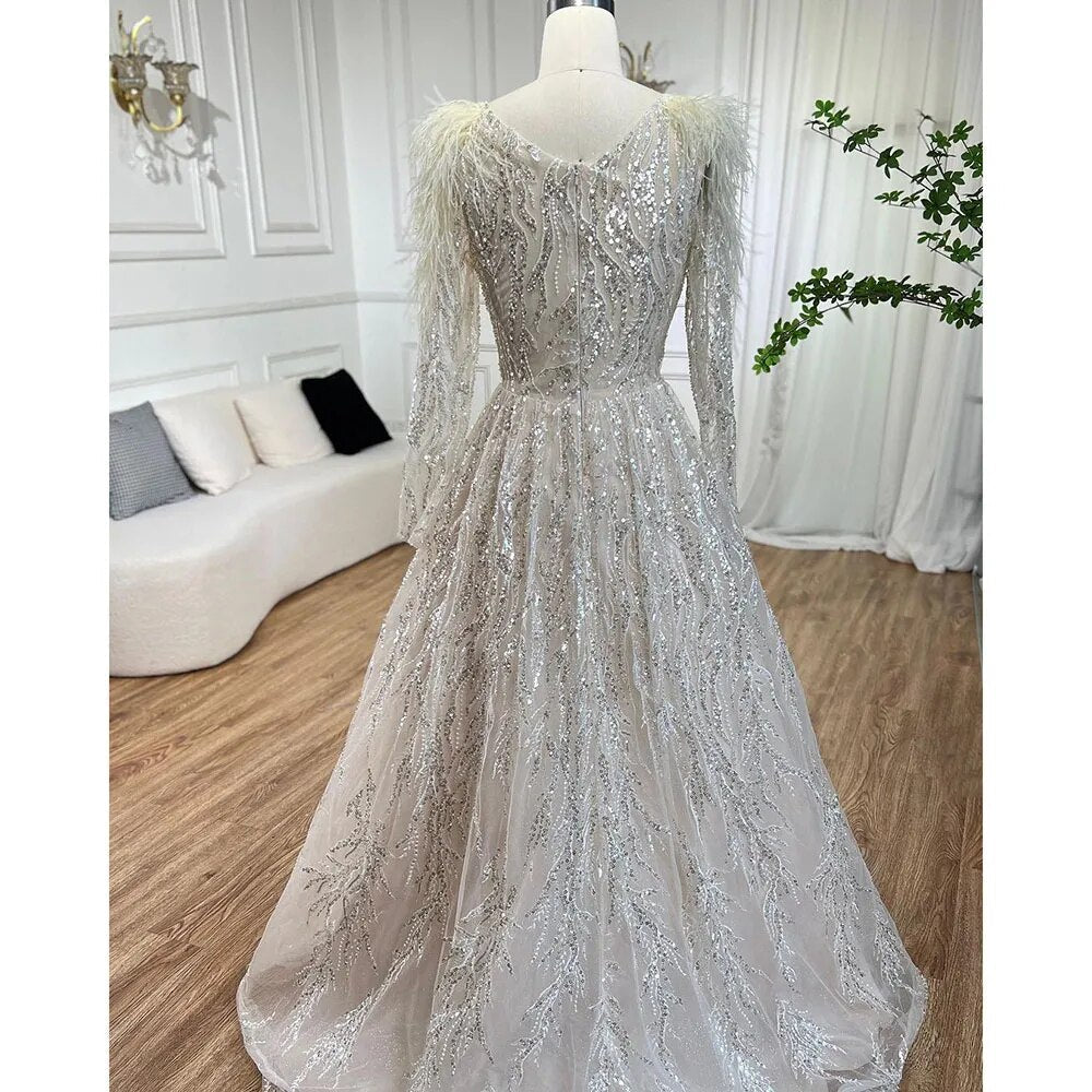 Muslim Beige A Line Beaded Feathers Luxury Dubai Long Evening Dresses Gowns 2025 For Women Wedding Party LA72172