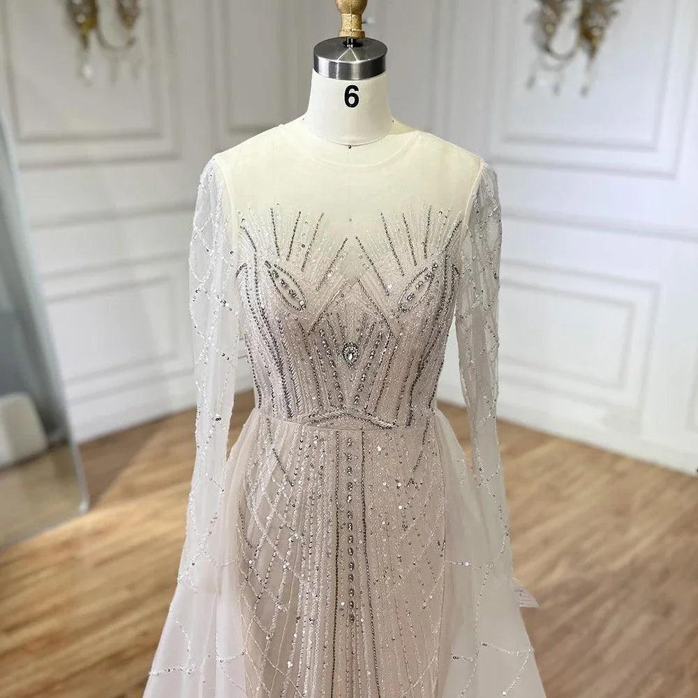 Muslim Beige Elegant Overskirt Mermaid Luxury Beaded Evening Dresses Gowns 2025 For Woman Party LA72528