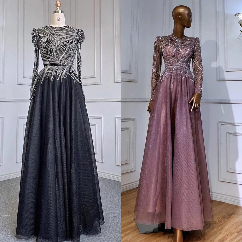 Muslim Black A-Line Luxury Beaded Ankle Length Evening Dresses Gowns 2025 For Women Party LA71290