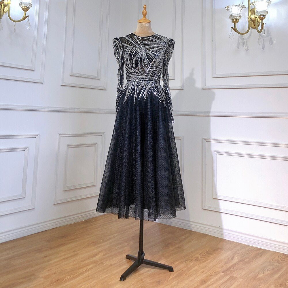 Muslim Black A-Line Luxury Beaded Ankle Length Evening Dresses Gowns 2025 For Women Party LA71290
