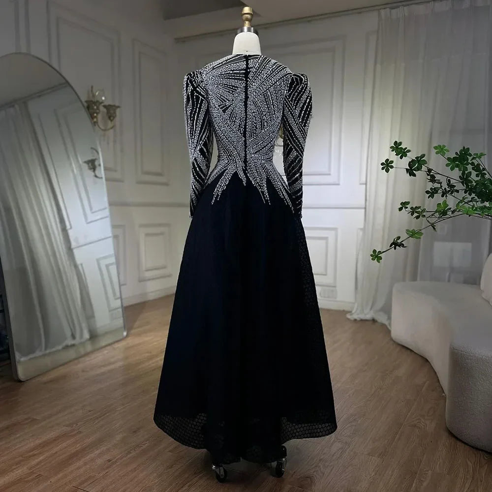 Muslim Black A-Line Midi Luxury Beaded Ankle Length Evening Dresses Gowns 2025 For Women Party LA71290