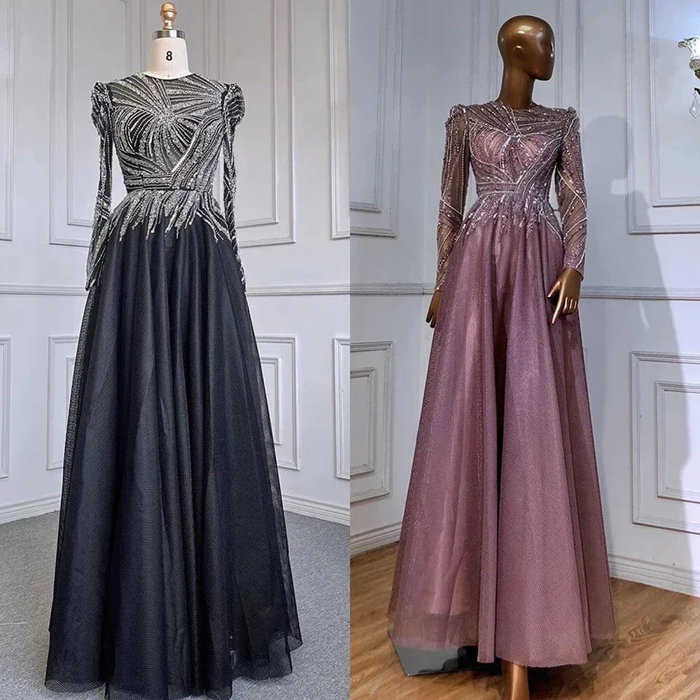 Muslim Black A-Line Midi Luxury Beaded Ankle Length Evening Dresses Gowns 2025 For Women Party LA71290