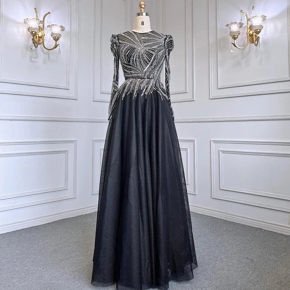 Muslim Black A-Line Midi Luxury Beaded Ankle Length Evening Dresses Gowns 2025 For Women Party LA71290