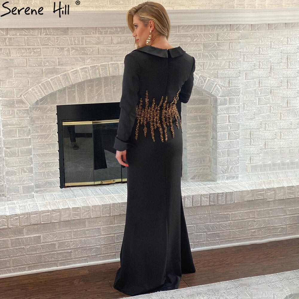 Muslim Black Beaded Evening Dresses Gowns 2025 Satin Mermaid Elegant For Women Party LA71451