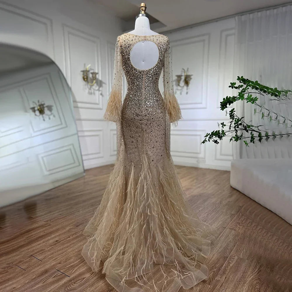 Muslim Silver Feathers Beaded Tassel Luxury Arabic Evening Dress Gown LA60912