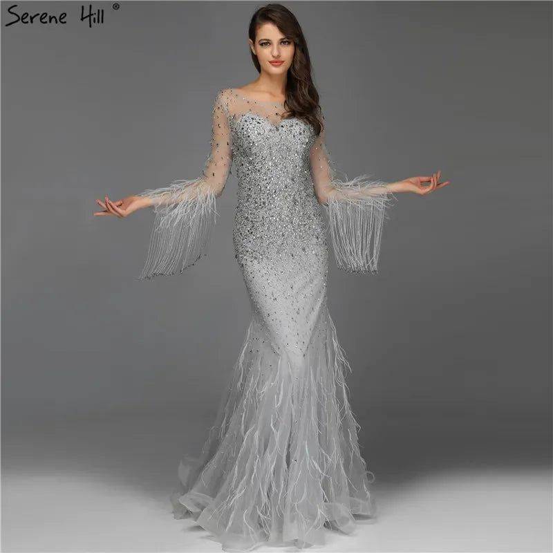Muslim Silver Feathers Beaded Tassel Luxury Arabic Evening Dress Gown LA60912