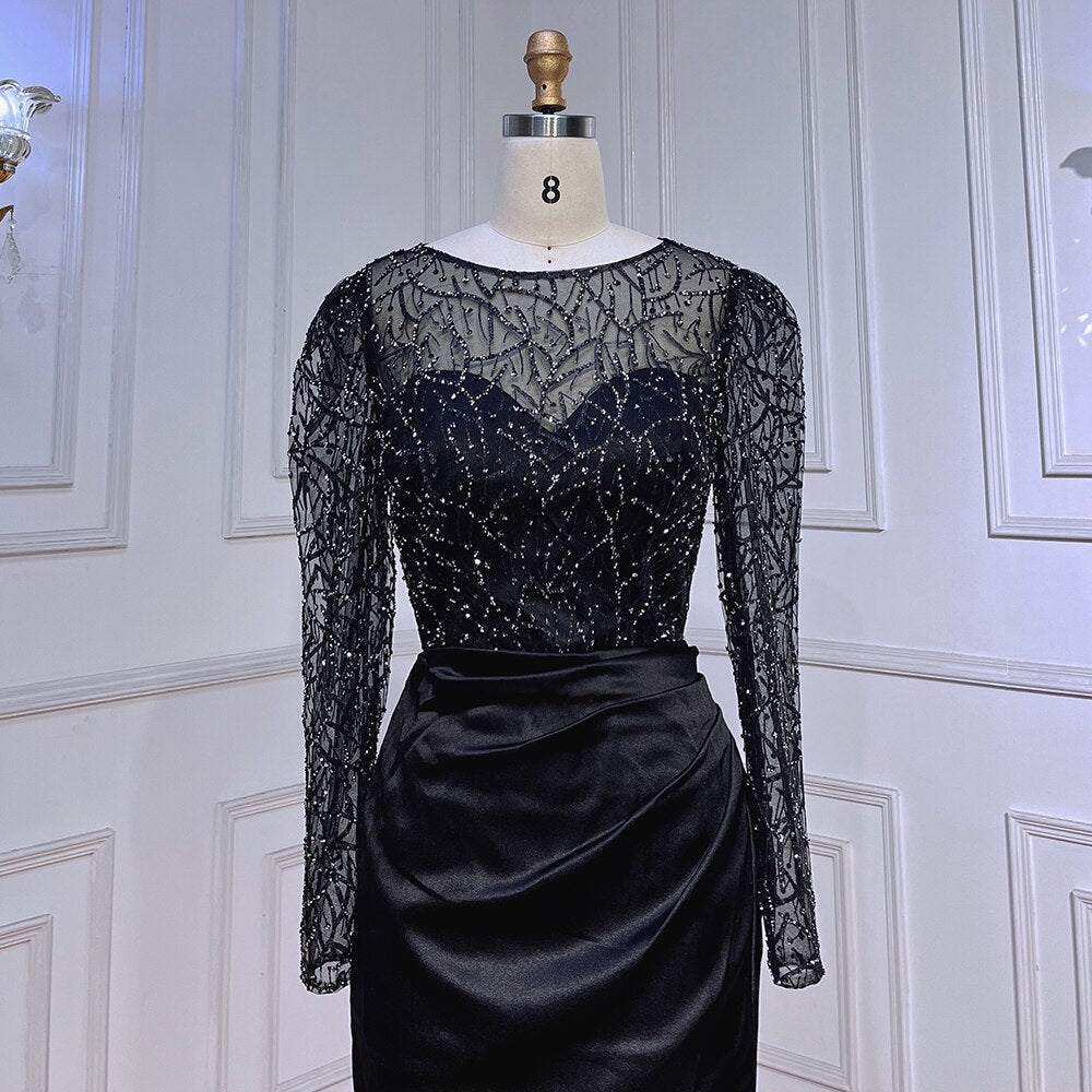 Muslim Black Mermaid Luxury Beaded Satin Evening Dresses Dubai Formal Gowns 2025 For Woman Wedding Party LA72040