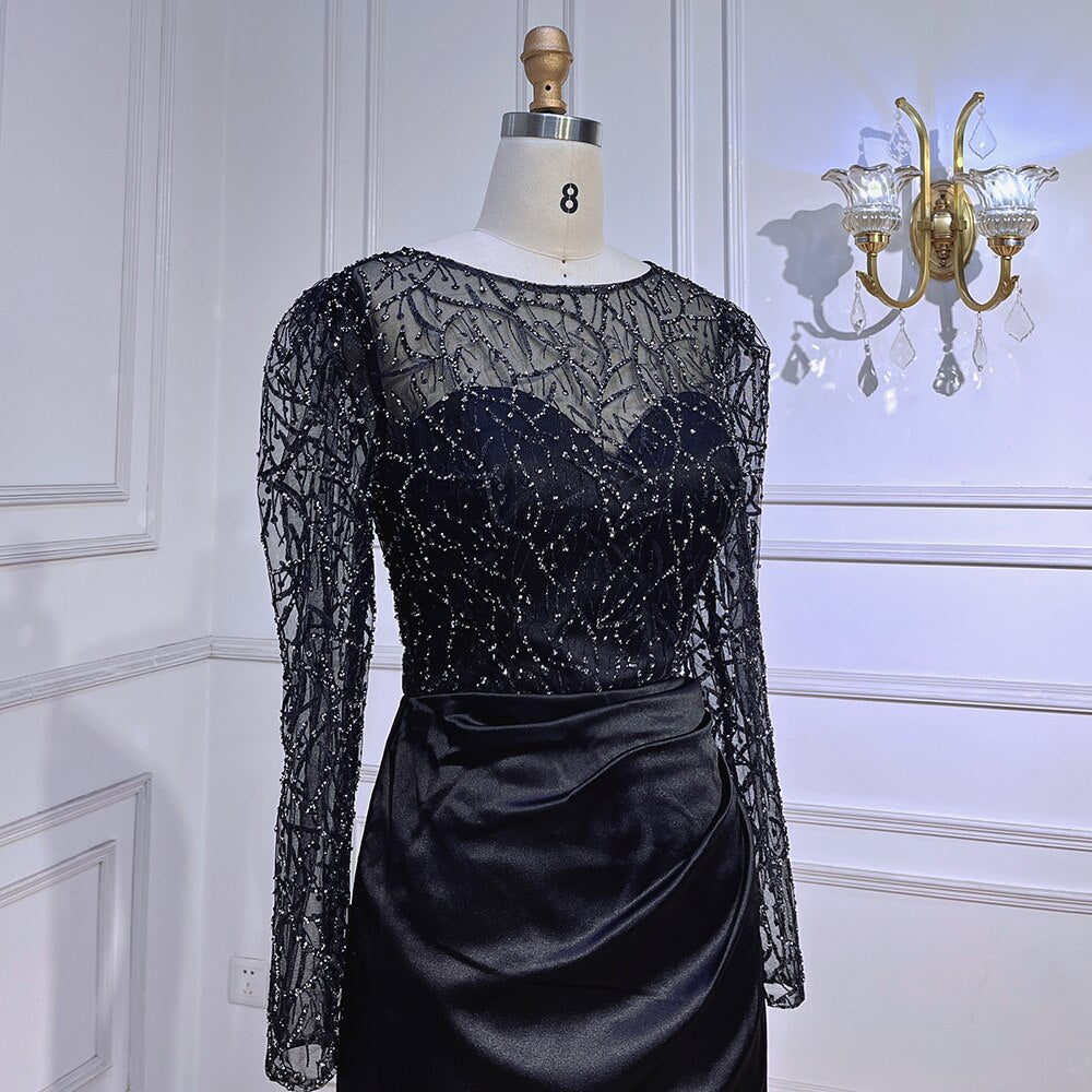 Muslim Black Mermaid Luxury Beaded Satin Evening Dresses Dubai Formal Gowns 2025 For Woman Wedding Party LA72040