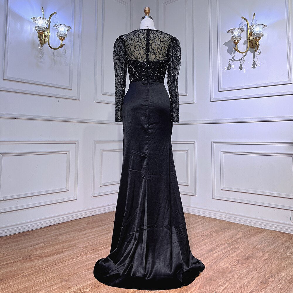 Muslim Black Mermaid Luxury Beaded Satin Evening Dresses Dubai Formal Gowns 2025 For Woman Wedding Party LA72040