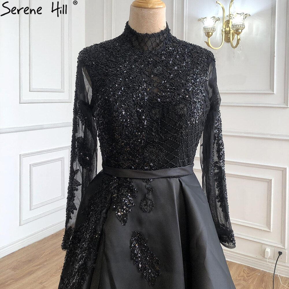 Muslim Black Satin Luxury Evening Dresses Gowns 2025 Beading A-Line For Women Party LA70919