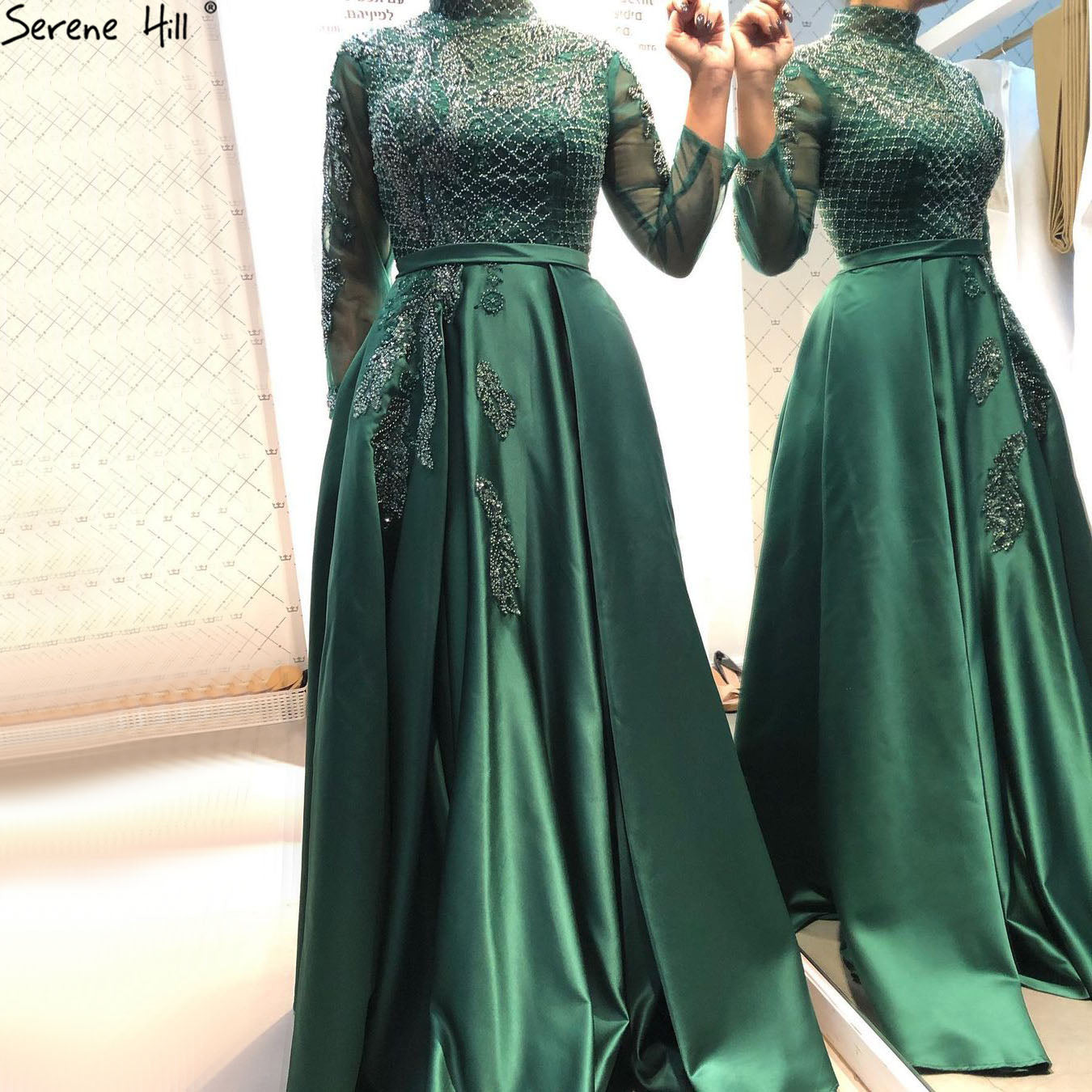 Muslim Black Satin Luxury Evening Dresses Gowns 2025 Beading A-Line For Women Party LA70919