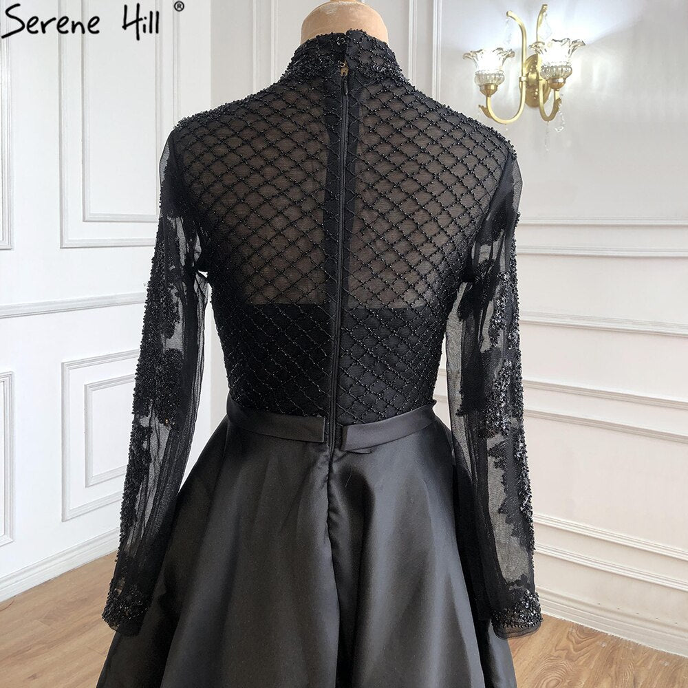 Muslim Black Satin Luxury Evening Dresses Gowns 2025 Beading A-Line For Women Party LA70919