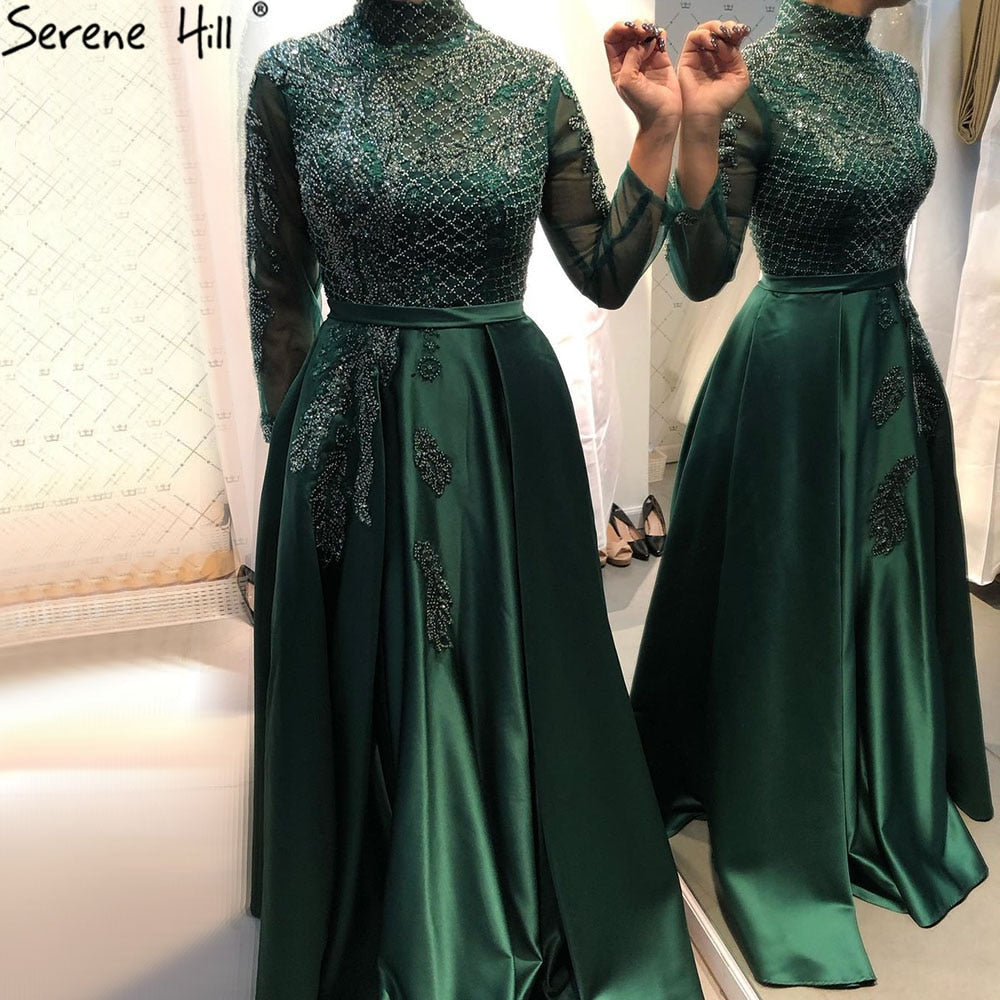 Muslim Black Satin Luxury Evening Dresses Gowns 2025 Beading A-Line For Women Party LA70919