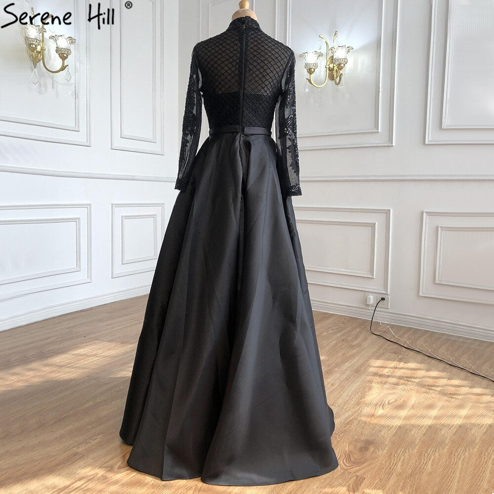 Muslim Black Satin Luxury Evening Dresses Gowns 2025 Beading A-Line For Women Party LA70919