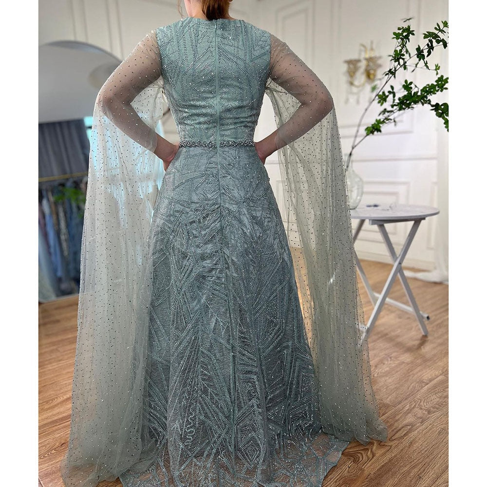 Muslim Blue A Line Cape Sleeves Beaded Luxury Dubai Long Evening Dresses Gowns 2025 For Women Wedding Party LA72153