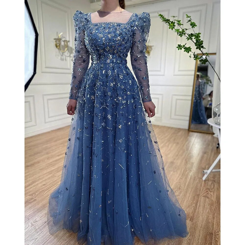 Muslim Blue A Line Evening Dresses Luxury Beaded Formal Gowns 2025 For Women Party LA71762A