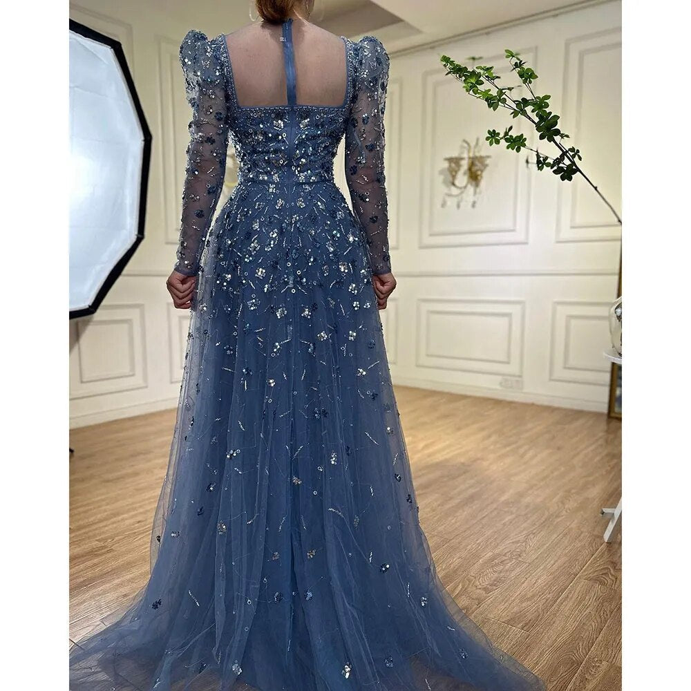 Muslim Blue A Line Evening Dresses Luxury Beaded Formal Gowns 2025 For Women Party LA71762A