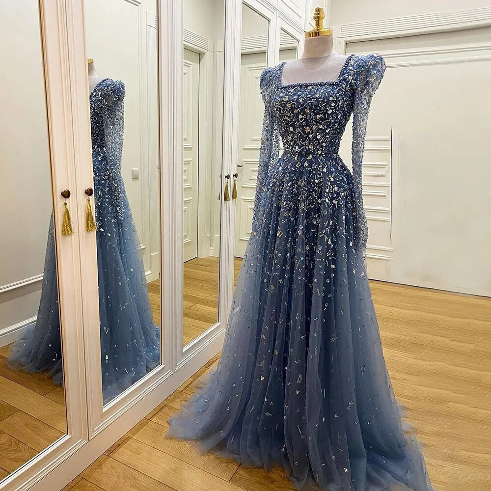 Muslim Blue A Line Evening Dresses Luxury Beaded Formal Gowns 2025 For Women Party LA71762A