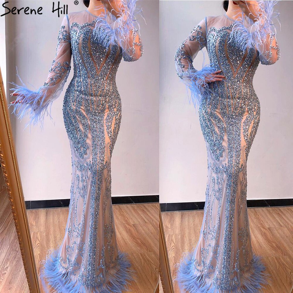 Muslim Blue Detachable Skirt Evening Dresses Gowns 2025 Feathers Beaded Mermaid Luxury For Women Party LA60932A