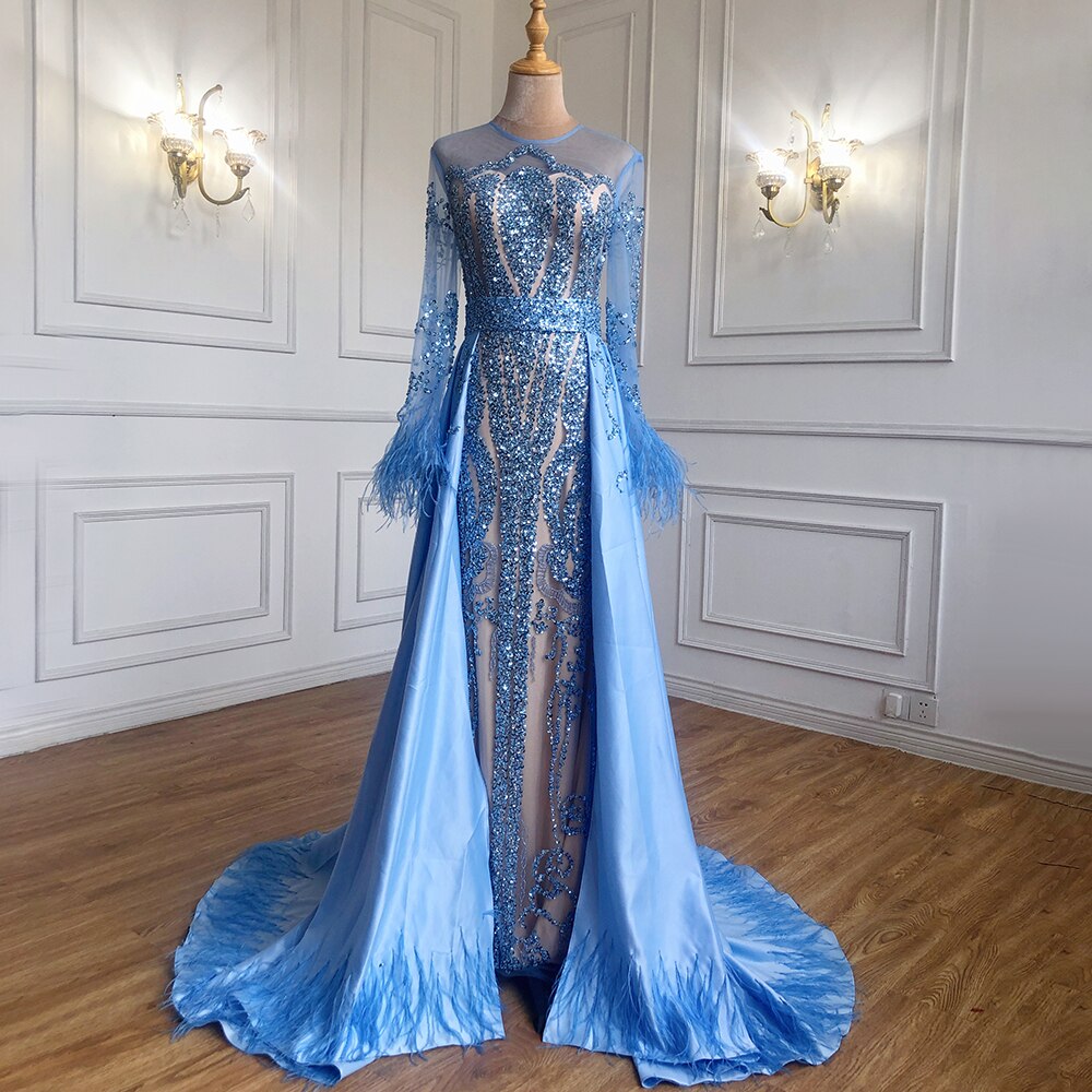 Muslim Blue Detachable Skirt Evening Dresses Gowns 2025 Feathers Beaded Mermaid Luxury For Women Party LA60932A