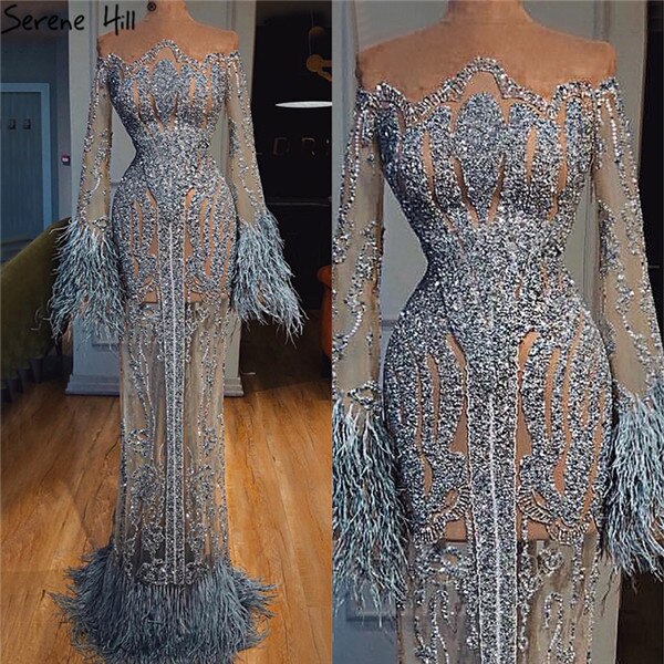 Muslim Blue Detachable Skirt Evening Dresses Gowns 2025 Feathers Beaded Mermaid Luxury For Women Party LA60932A