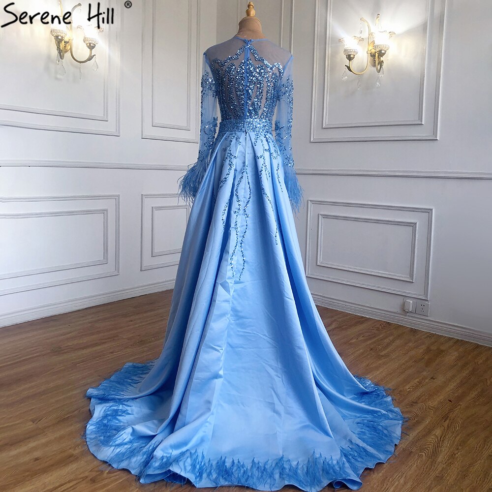 Muslim Blue Detachable Skirt Evening Dresses Gowns 2025 Feathers Beaded Mermaid Luxury For Women Party LA60932A