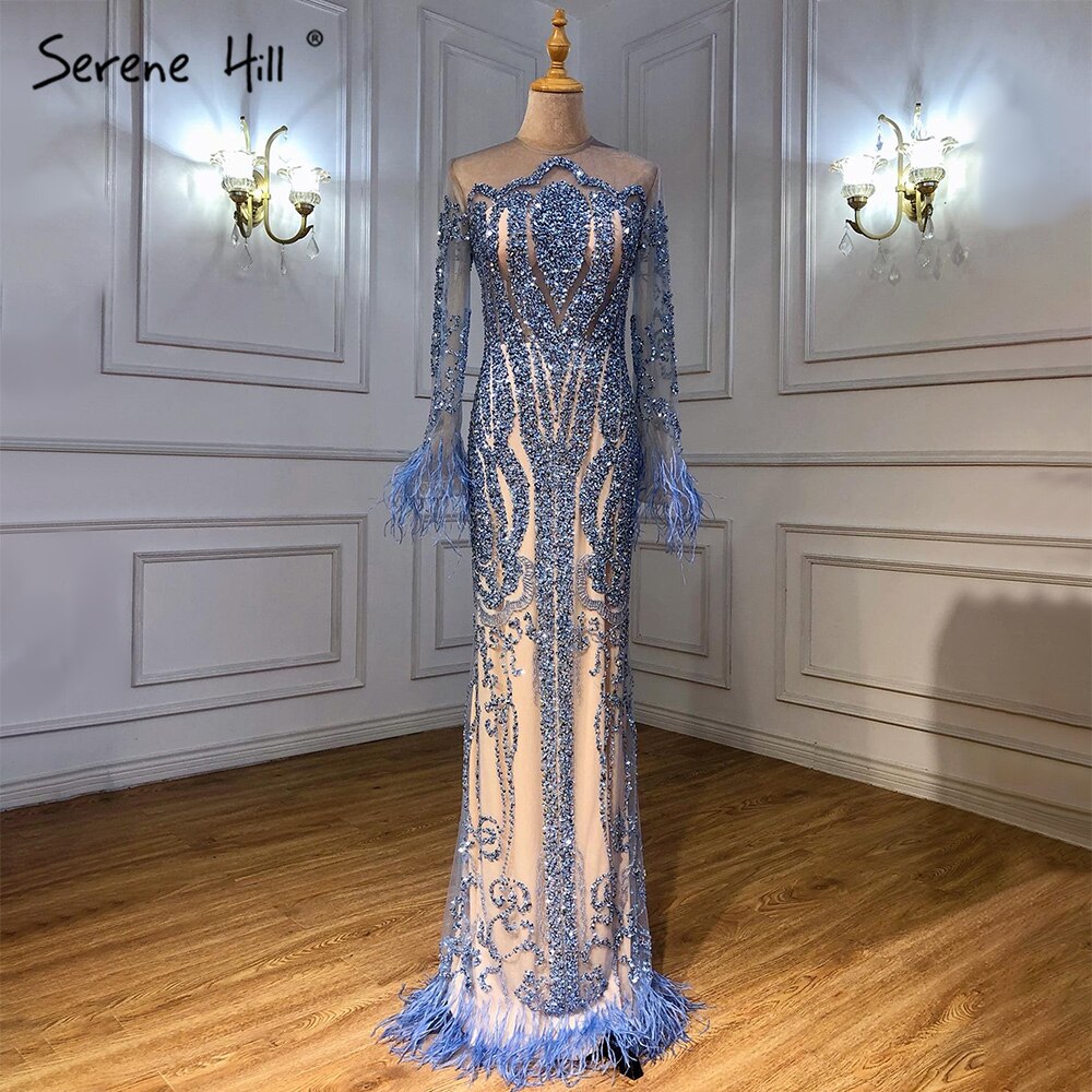 Muslim Blue Detachable Skirt Evening Dresses Gowns 2025 Feathers Beaded Mermaid Luxury For Women Party LA60932A