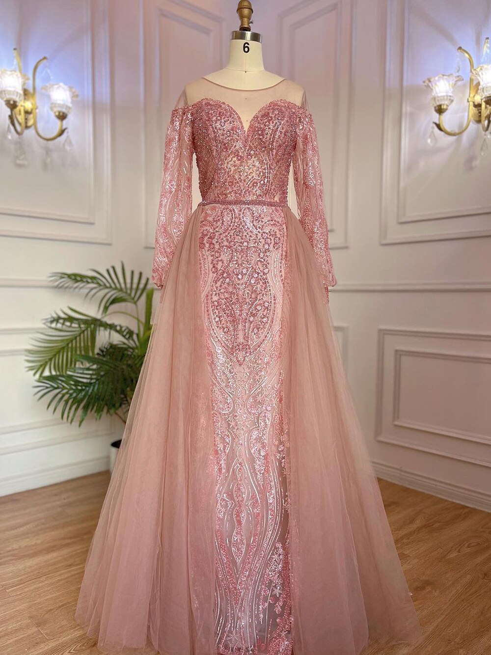 Muslim Blue Elegant Mermaid Luxury Evening Dresses Gowns Beaded Over Skirt 2025 For Women Party LA71891