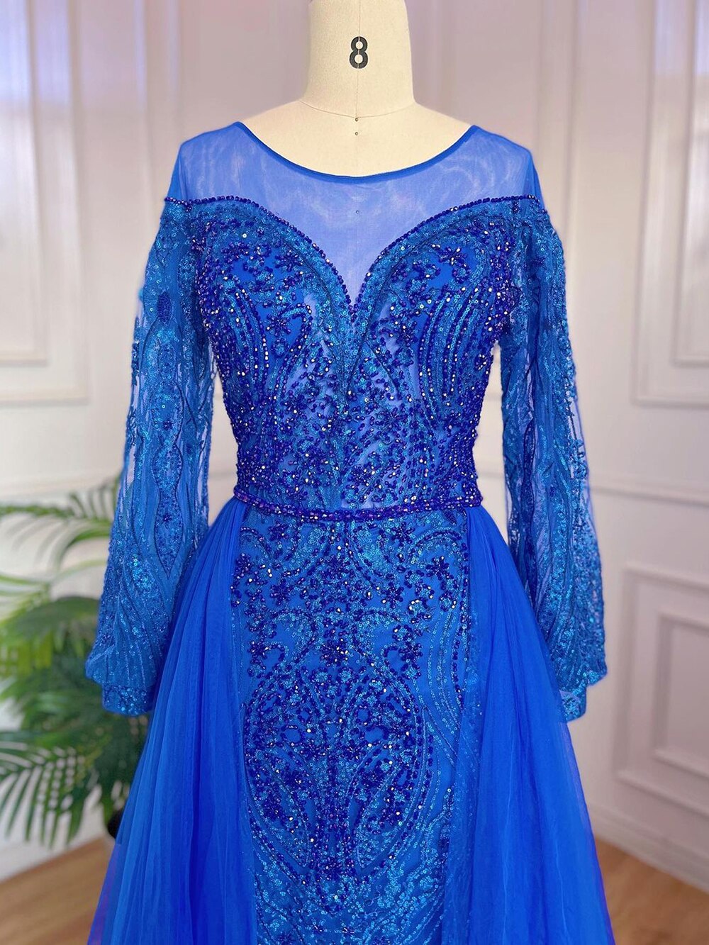Muslim Blue Elegant Mermaid Luxury Evening Dresses Gowns Beaded Over Skirt 2025 For Women Party LA71891