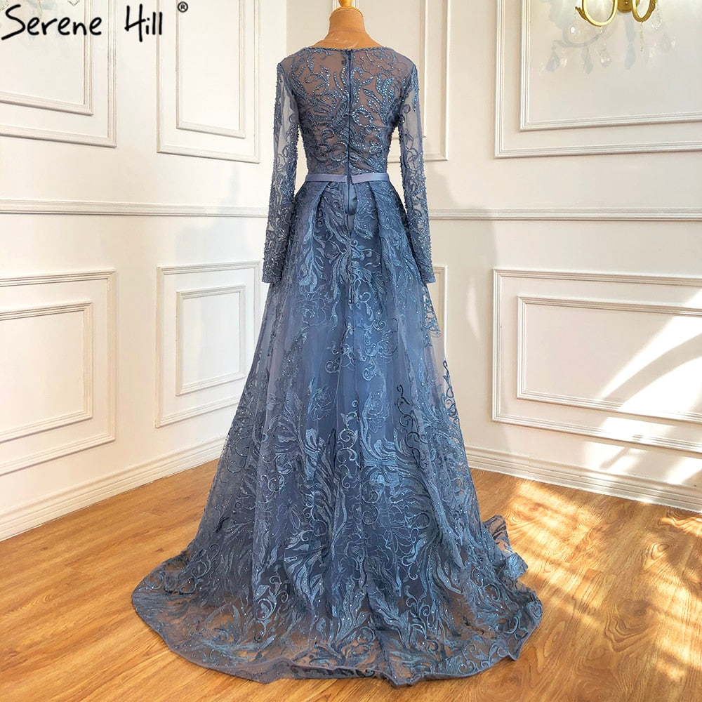 Muslim Blue Lace Beaded Luxury Evening Dresses Gowns 2025 O-Neck Mermaid Elegant For Women Party LA70834