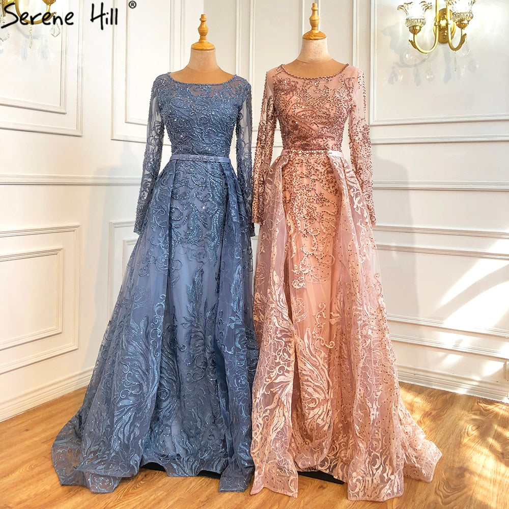 Muslim Blue Lace Beaded Luxury Evening Dresses Gowns 2025 O-Neck Mermaid Elegant For Women Party LA70834