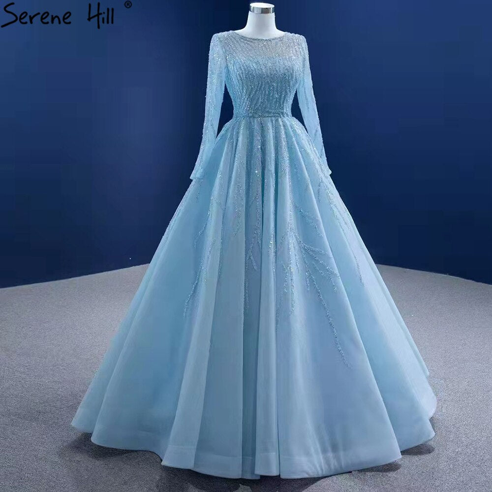 Muslim Blue Luxury Wedding Dresses 2025 Beaded Lace Up High-end Bridal Dress HM67395 Custom Made