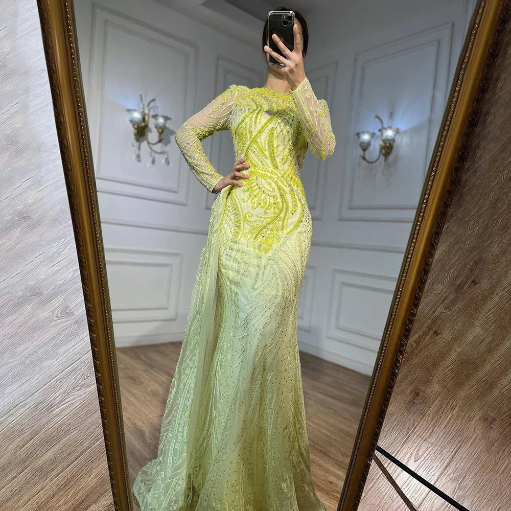 Luxus Dubai Blau Meerjungfrau Muslimischen Abendkleid Überrock Langarm LA71829