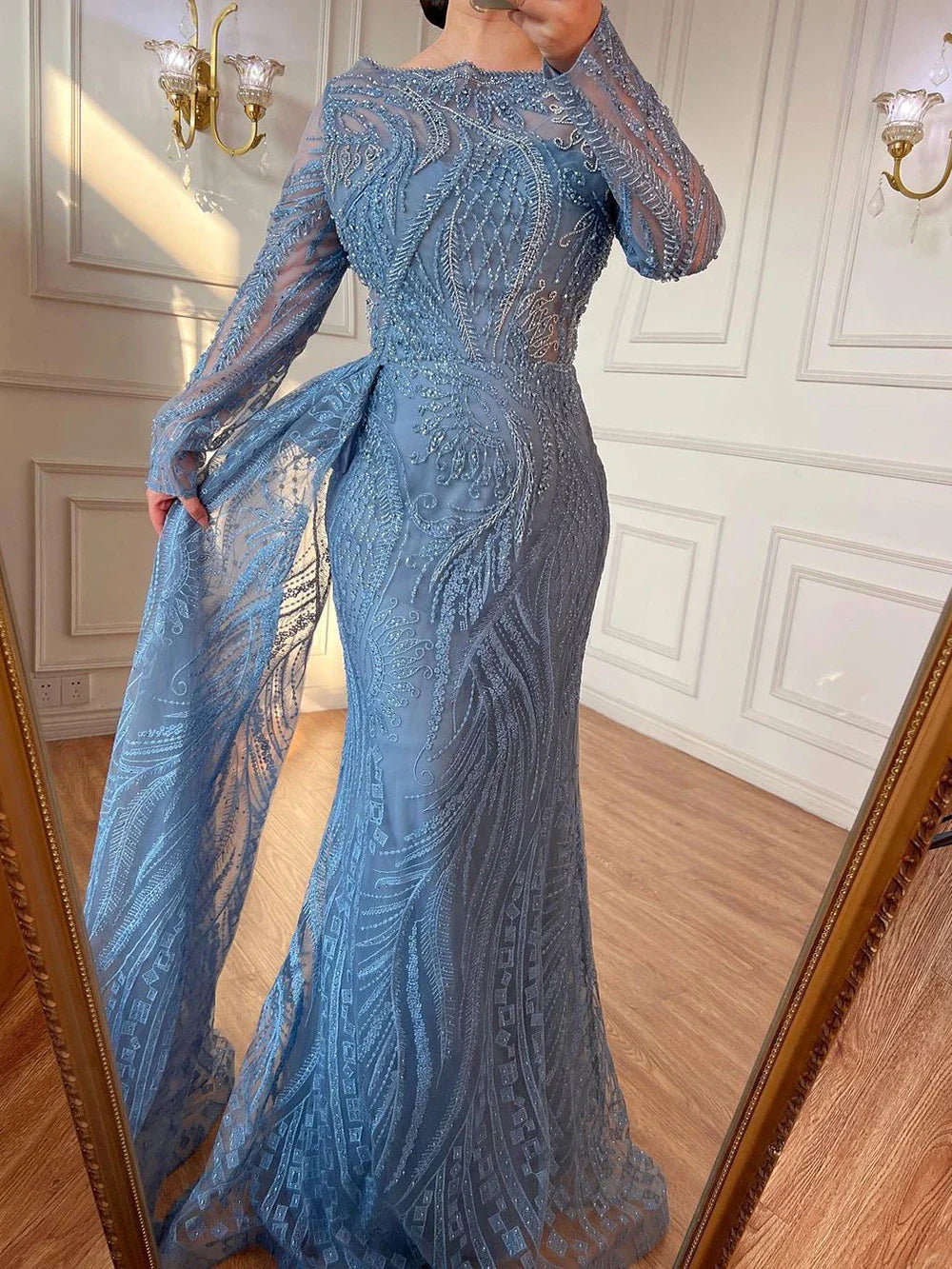 Luxus Dubai Blau Meerjungfrau Muslimischen Abendkleid Überrock Langarm LA71829