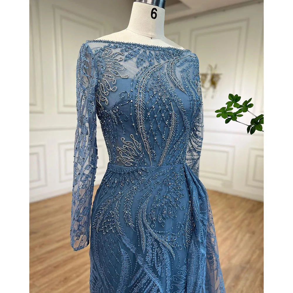 Luxus Dubai Blau Meerjungfrau Muslimischen Abendkleid Überrock Langarm LA71829