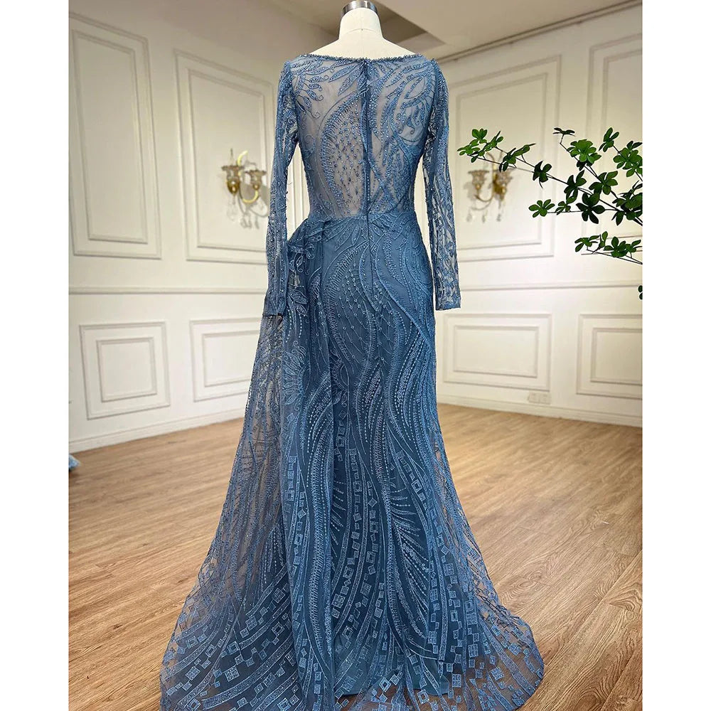 Luxus Dubai Blau Meerjungfrau Muslimischen Abendkleid Überrock Langarm LA71829
