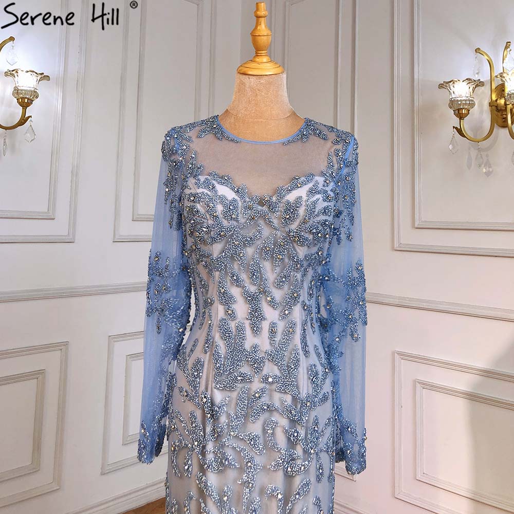 Muslim Blue Mermaid Evening Dresses Gowns 2025 Luxury Elegant Beaded For Women Party LA71479