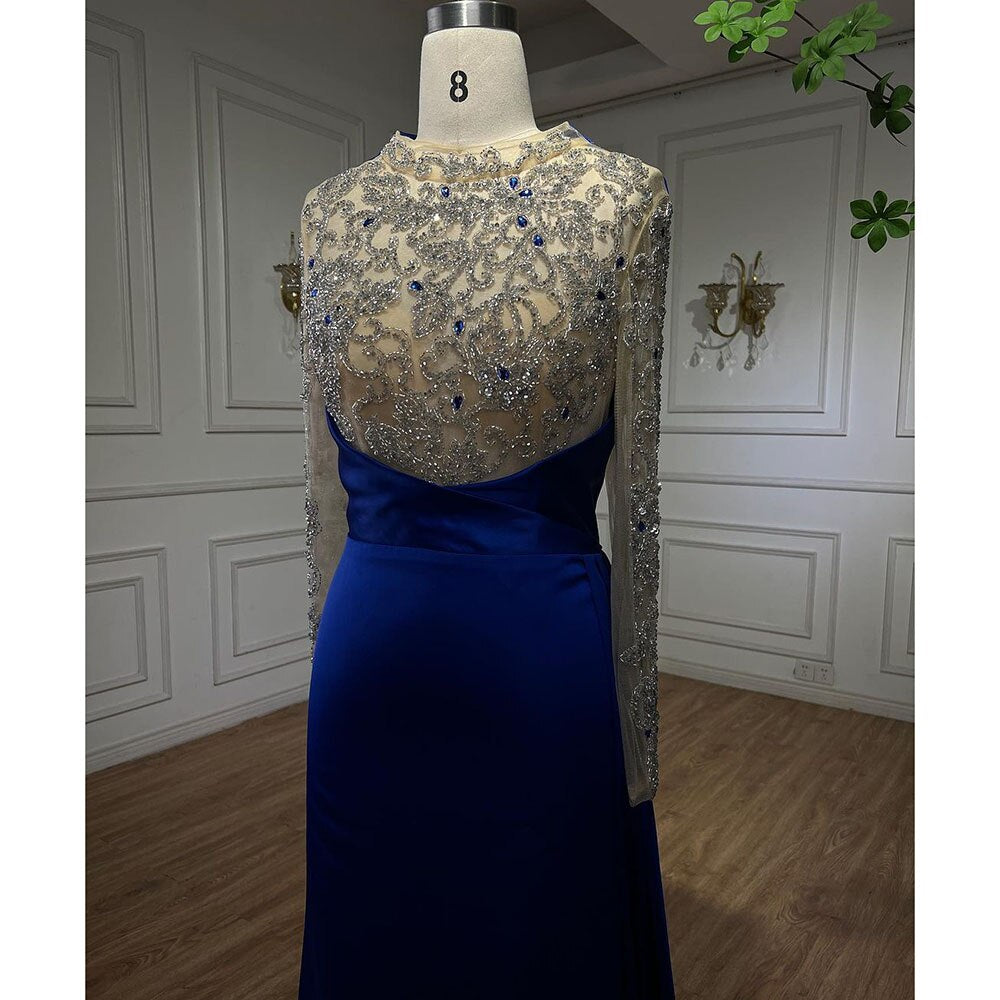 Muslim Blue Mermaid Luxury Beaded Arabic Elegant Long Evening Dresses Gowns For Women Wedding Party 2025 LA72107