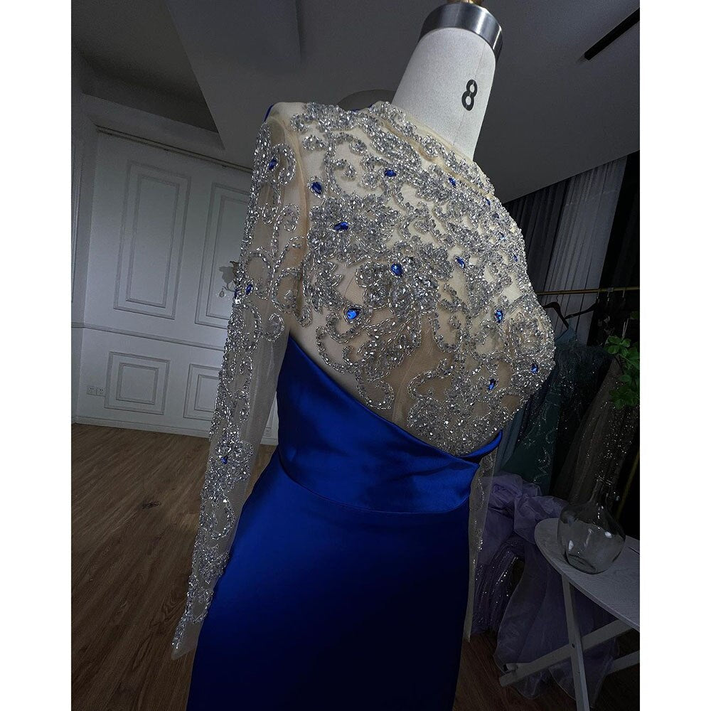 Muslim Blue Mermaid Luxury Beaded Arabic Elegant Long Evening Dresses Gowns For Women Wedding Party 2025 LA72107