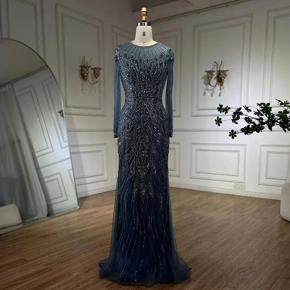Muslim Blue Mermaid Luxury Beaded Dubai Long Evening Dresses Gowns for Women Wedding Party 2025 LA71999L