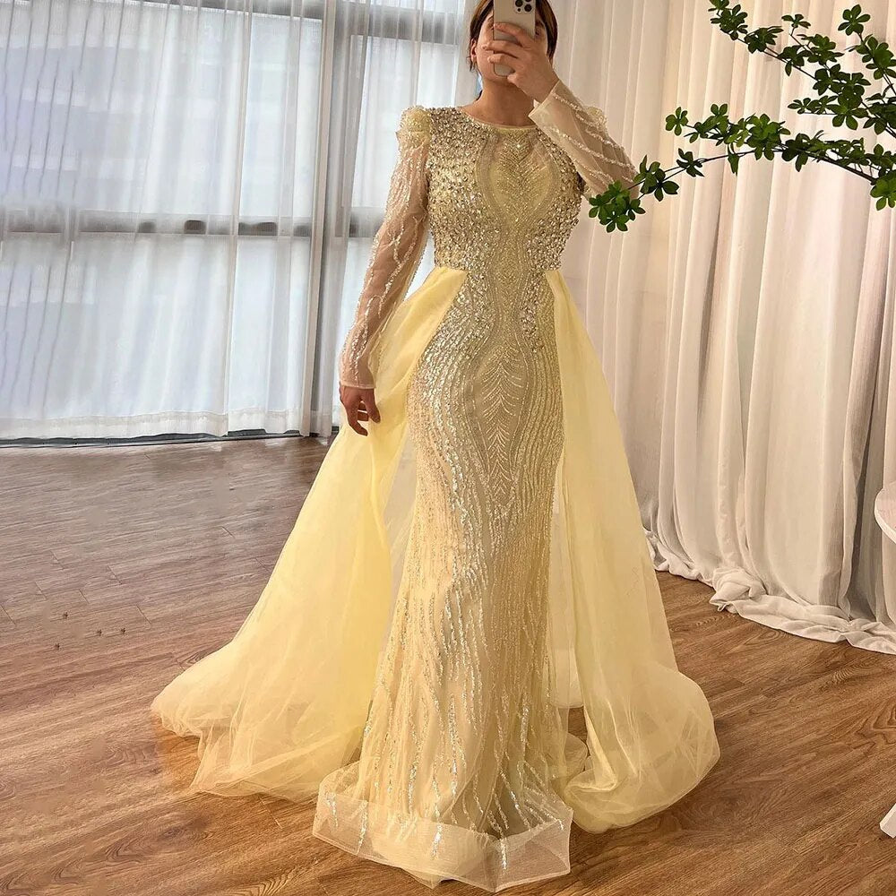 Muslim Blue Mermaid Over Skirt Evening Dresses Beads Puff Shoulder Formal Gowns 2025 For Women Party LA72030