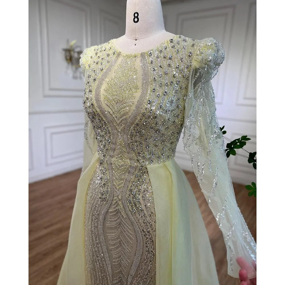 Muslim Blue Mermaid Over Skirt Evening Dresses Beads Puff Shoulder Formal Gowns 2025 For Women Party LA72030