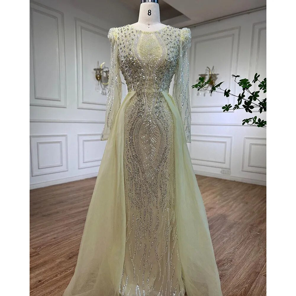 Muslim Blue Mermaid Over Skirt Evening Dresses Beads Puff Shoulder Formal Gowns 2025 For Women Party LA72030