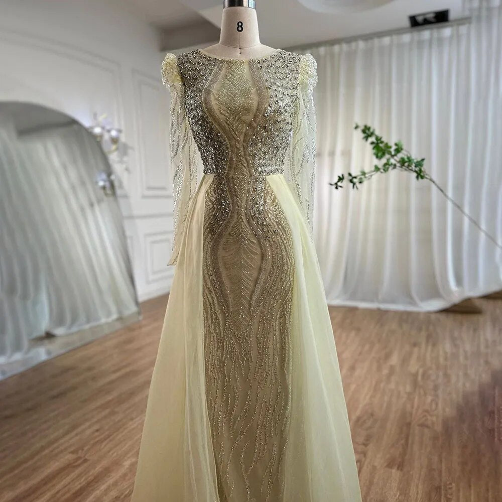 Muslim Blue Mermaid Over Skirt Evening Dresses Beads Puff Shoulder Formal Gowns 2025 For Women Party LA72030